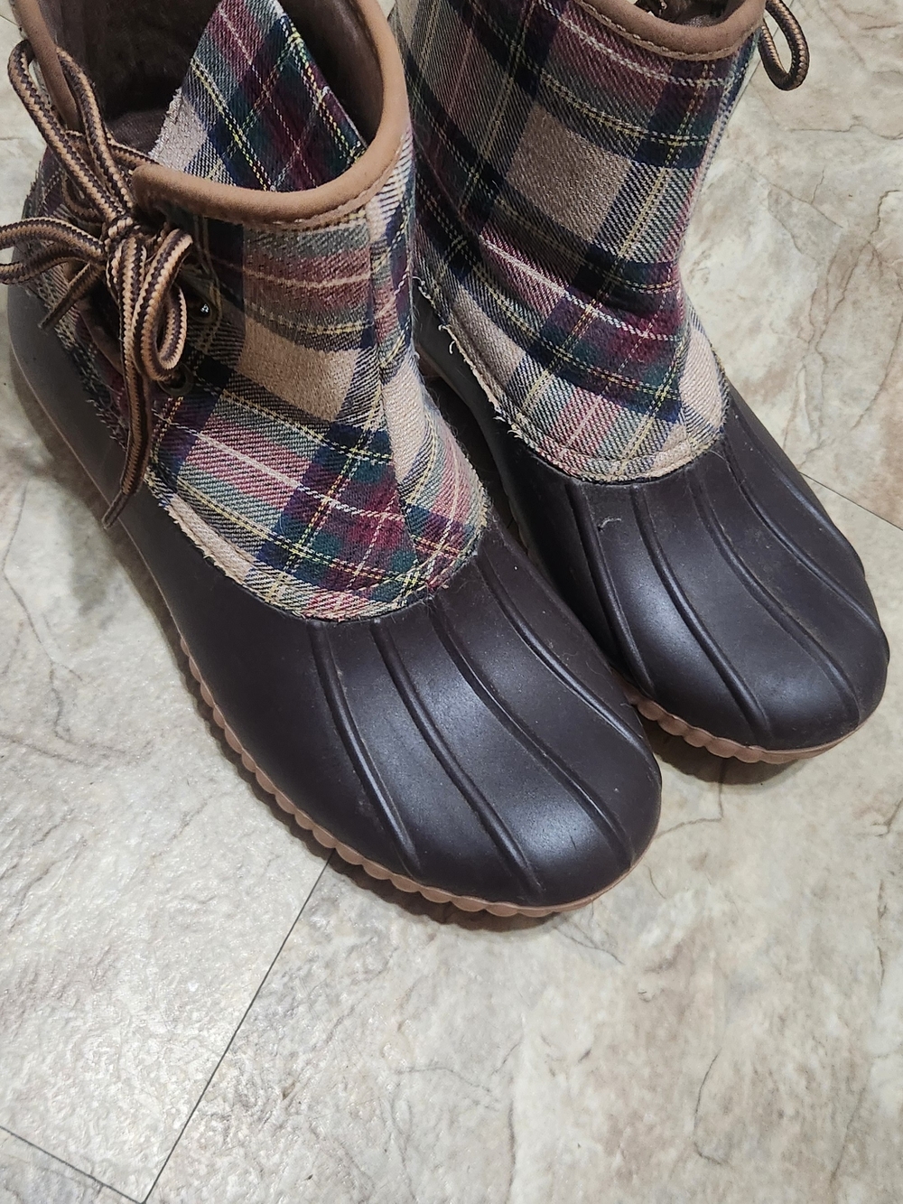 Plaid Trim Women’s Winter Duck Boots - Brown